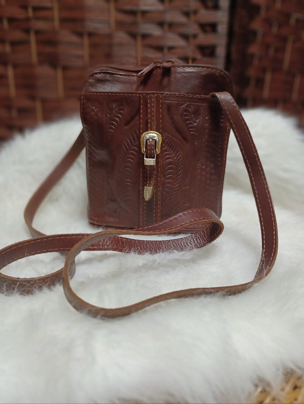 Brown Leather Crossbody Bag with Embossed Detail